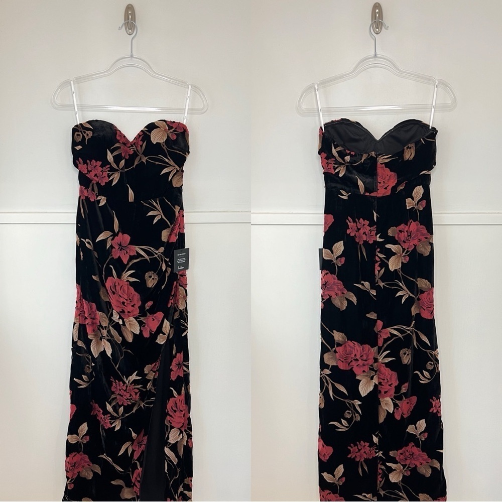 Lulus Exquisite Black Floral Burnout Velvet Strapless Maxi Dress NWT - Picture 16 of 16